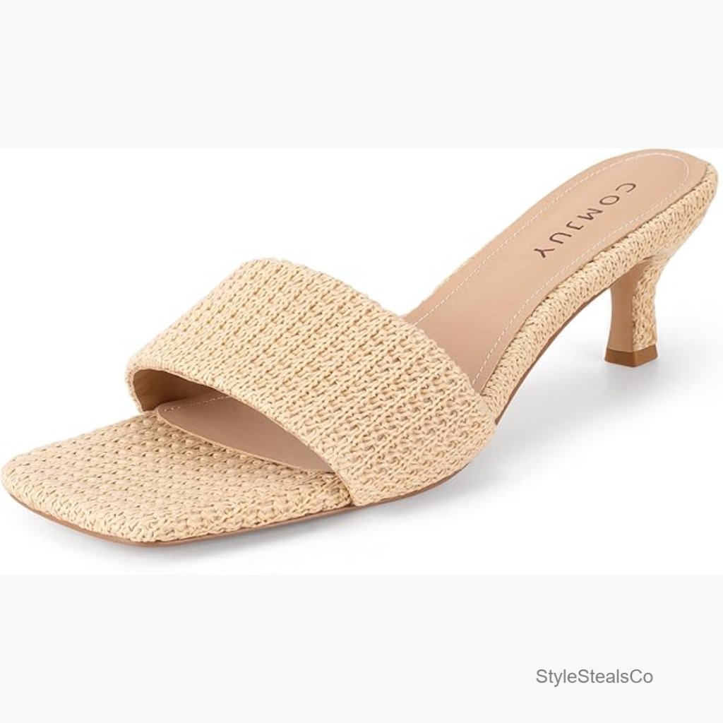 Raffia Slide Sandals With 2 Inch Kitten Heels, Square Toe, Lightweight